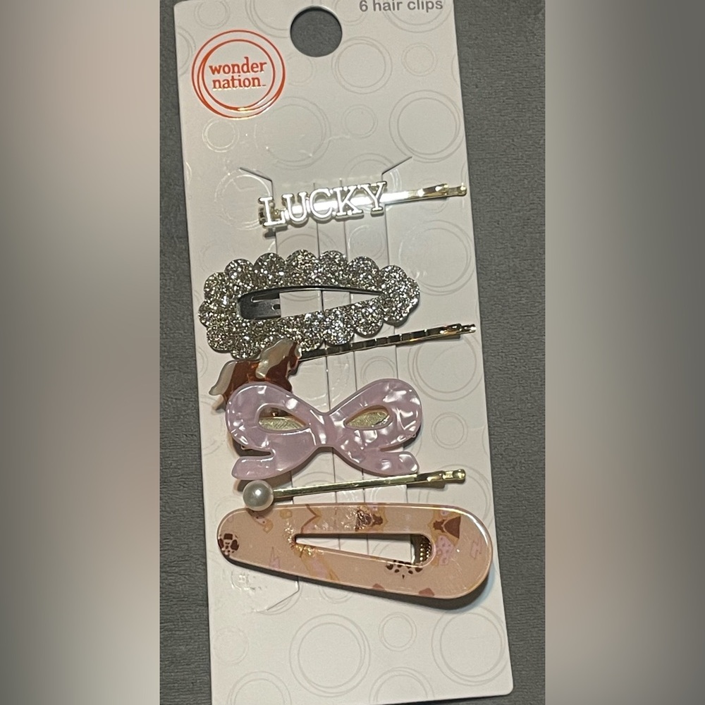 Wonder Nation Girls Hair Clip‎ Set 6 Pc Lucky Bow Glitter Horse Pearl Snap Clips